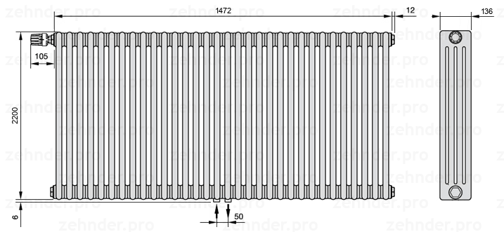 Схема (чертеж) Радиатор Zehnder Charleston 4220/32 №V007 Белый глянцевый RAL 9016